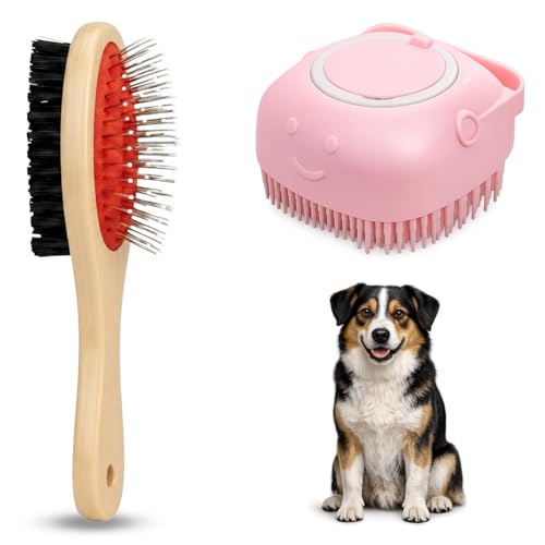 Emily Pets 2-in-1 Pet Grooming Kit for Dogs & Cats – Double-Sided Grooming Brush & Silicone Bath Massage Brush for Cleaning & Grooming