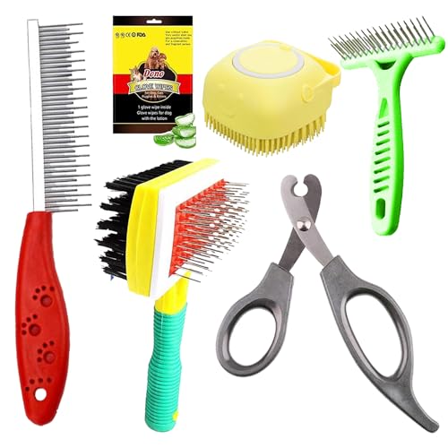 Cature Care by Nature Dog Brush Grooming Kit-Dog Double Sided Brush, Bath Brush, Wipes Gloves, Dog Hair Removal Comb, Pet Nail Clippers, Shedding Tool for Dogs and Cats (Pack of 6, Mix Color)