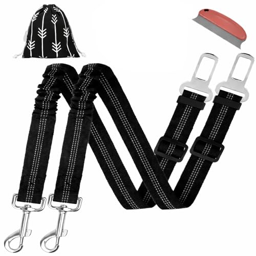 Emily Pets Dog Seat Belt Set of 2 for Cars | Adjustable Elastic Dog Car Harness with Heavy-Duty Seatbelt | Includes Pet Hair Brush & Includes Storage Bag