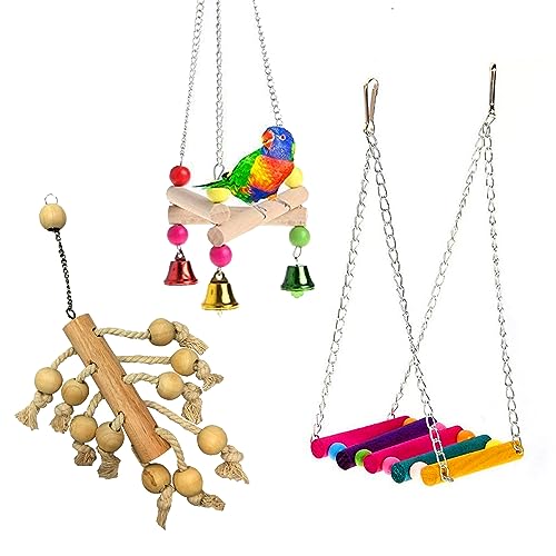 WildBird Care Natural Wood Bead Chain Swing Toy, Chew Toys with Hanging Cage Toys for Small Parakeets, Cockatiels, Conures, Finches, Budgie, Parrots (Pack 3)
