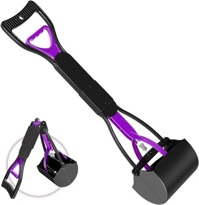 Emily Pets Pooper Scooper for Large Small Dogs, Folding Dog Poop Scooper, Long Handle Pet Waste Scooper with Durable Spring, Pet Jaw Shovel for Picking Up Grass and Gravel (Purple)