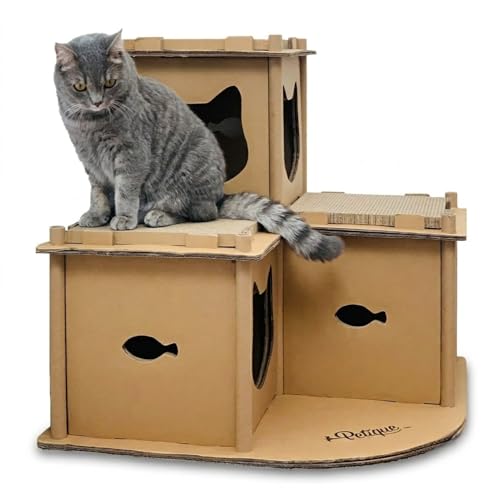 Emily Pets Multi-Level Cardboard Cat House with Scratch Pad, Interactive Cat Condo and Hideout for Indoor Cats, Play, Rest and Climbing Activity