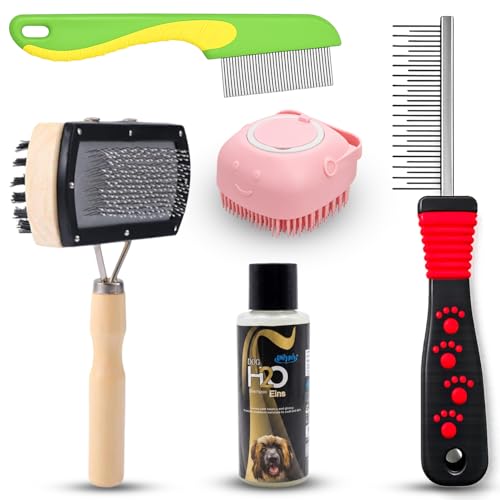 Emily Pets Dog Grooming Kit for Dogs and Cats | Slicker Brush, Flea Comb, Bath Brush, and Pet Shampoo | Pet Hair Removal and Cleaning Combo (Color May Vary)