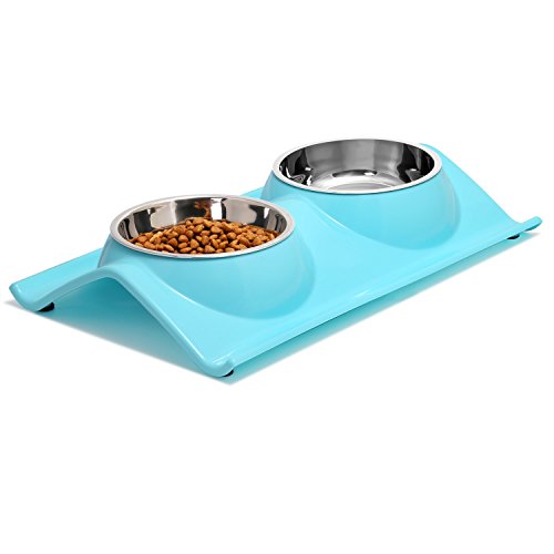 Upsky Dog Bowls Elevated Dog Cat Bowls Double Premium Stainless Steel Pet Bowls With No-Spill Resin Station Pet Food Water Feeder ?Sky Blue?,?38.1 cm,H_6.35 cm,W_26.92 cm