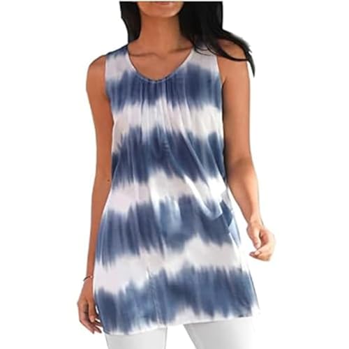 F Dream Women's Sleeveless Casual Swing Mini Dress for Daily use Tie and dye Print Tunic Top (Blue, 40 Inch)