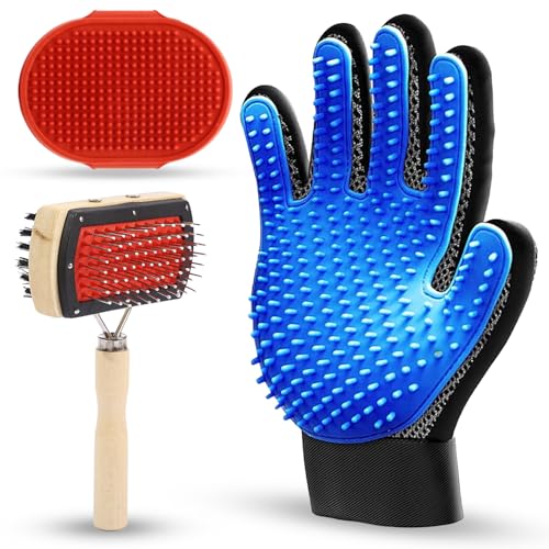 Emily Pets 3-in-1 Pet Grooming Kit for Dogs and Cats | Pin Brush, Silicone Bath Brush and Grooming Glove | Hair Loss Control, Massage and Fur and Coat Care Tool