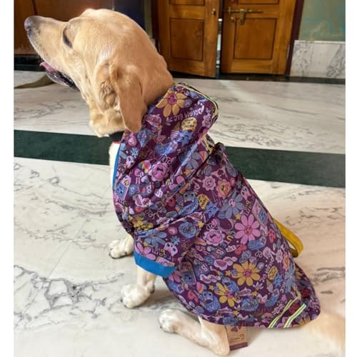 Lulala Dog Raincoat, Waterproof Hooded Jacket, Floral Pattern, Reflective Stripes, Pet Rain Jacket, Small to Large Dogs (Purple-26 Inch)