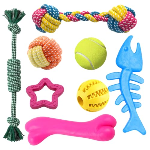 SRI Pet Dog Chew Toy Set for Puppies and Small Dogs – 8-Piece Non-Toxic Rubber and Rope Toys, Teething Relief, Teeth Cleaning, Tug Toys, Fetch Balls, and Chew Bones (Multicolor)