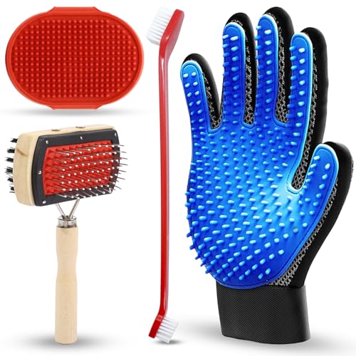 Emily Pets 4-in-1 Pet Grooming Kit for Dogs and Cats - Slicker Brush, Grooming Glove and Bath Massage Brush for Shedding, Cleaning and Grooming.