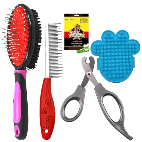 Cature Care by Nature Dog Grooming Combo Kit Dog Nail Scissors, Pet Bath Brush, Pet Single Steel Comb, 2-Side Soft Brush and Dog Wipes Gloves for Dogs and Cats (Pack of 5, Color me vary)