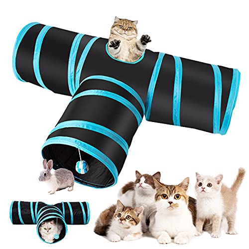 Emily Pets Cat Tunnel Toy 3 Way Collapsible for Indoor & Outdoor Play with Hanging Toy Ball for Cat, Puppy, Kitty, Kitten (Sky Blue)