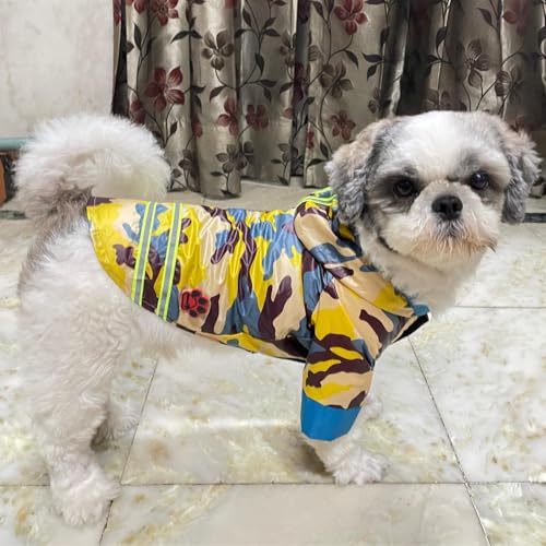 Lulala Dog Raincoat, Waterproof Hooded Jacket, Camouflage Pattern, Reflective Stripes, Pet Rain Jacket, Small to Large Dogs (Yellow-12 Inch)