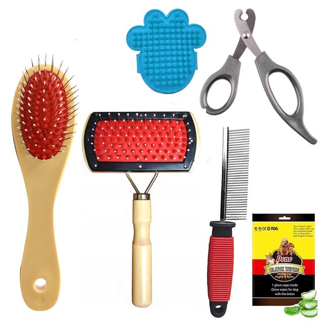 Cature Care by Nature Dog Brush Grooming Care Kit-Dog Brush, Dog 2-Side Soft Brush, Dog Hair Removal Comb, Pet Nail Clippers, Hand Bath Brush, Wipes Gloves For Dog Cat (Pack of 6, Color me vary)