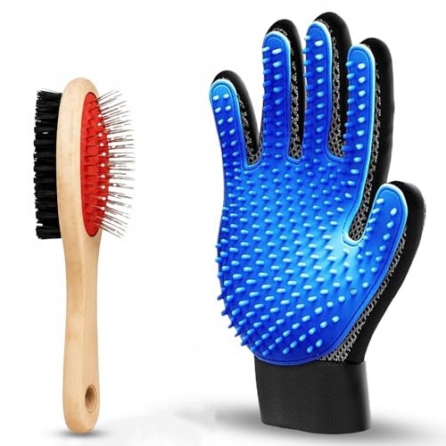 Emily Pets 2-in-1 Pet Grooming Kit for Dogs & Cats | Double Sided Slicker Brush & Silicone Deshedding Glove | Pet Hair Remover Massage Tool