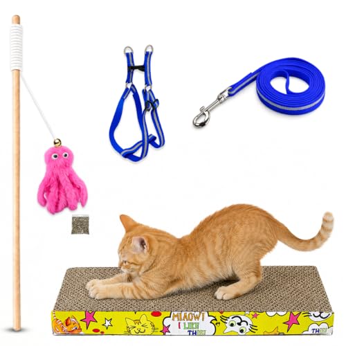 emily pets Cat Toy Kit with Interactive Wand, Catnip Toy, Scratch Pad, Adjustable Harness & Reflective Leash | Indoor Kitten Play & Training Set (Color May Vary - Pack of 3)