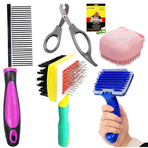 Cature Care by Nature Dog Brush Grooming Kit-Dog Slicker Brush, Bath Brush, Wipes Gloves, Dog Hair Removal Comb, Pet Nail Clippers, Shedding Tool for Dogs and Cats (Pack of 6, Mix Color)