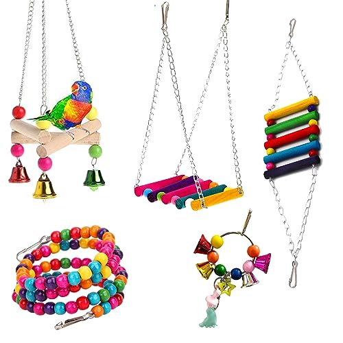 WildbirdCare Natural Wood Bead Chain Swing Toy,Chew Toys With Hanging Cage Toys For Small Parakeets,Cockatiels,Conures,Finches,Budgie,Parrots(Pack5)