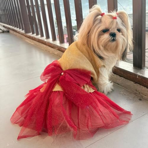 Lulala Dog Dress for Girls Dogs and Cats - Red Golden Glitter Party Gown with Tulle Skirt, Bow and Headband | Fancy Pet Dress for Weddings, Birthdays, Photoshoots and Special Occasions