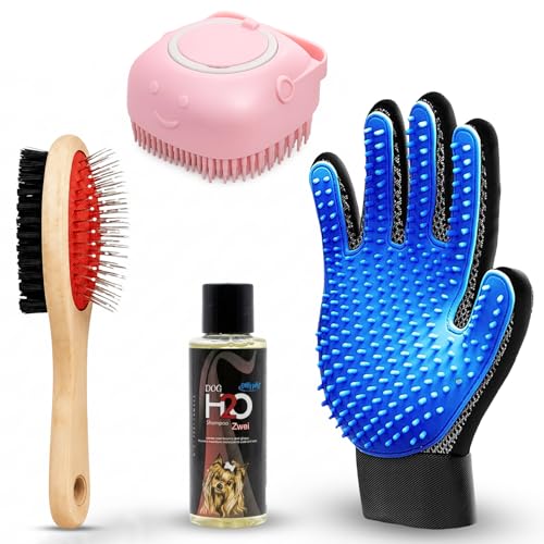Emily Pets 4-in-1 Pet Grooming Kit for Dogs & Cats | Bath Brush, Grooming Glove, Pin Brush & Pet Shampoo | Hair Removal & Cleaning Set