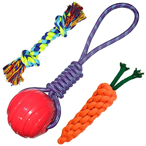emily pets Dog Chew Toys | Combo of 3 Durable Rope Toys for Puppy |Ball on a Rope Toy| 2 Knots Rope Toy Dog Toys for Playing and Teeth Cleaning Training | for Dogs and Puppy (Pack of 3 Multi Color)