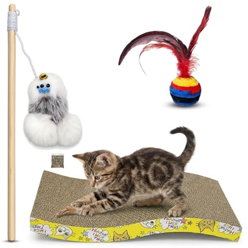 Emily Pets Cat Toy and Scratcher Set for Indoor Cats | Interactive Wand, Feather Ball and Corrugated Scratch Pad | Fun Exercise Toys for Kittens and Cats (Pack of 3, Color May Vary)
