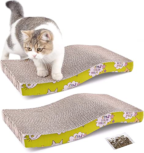 SRIPET Cat Scratcher Cardboard Reversible Cat Scratching Pad with Catnip Combo Corrugated Reversible Wave Cat Scratching Board Lounge Bed for Furniture Protection Yellow (Pack of 2)