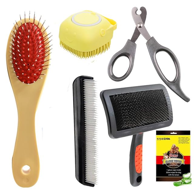 Cature Care by Nature Dog Grooming Brush Combo Dog Brush Shedding Set Dog Hair Remover Tool Pet Bath Brush and Comb For Dogs And Cat (Pack of 6, Color may vary)