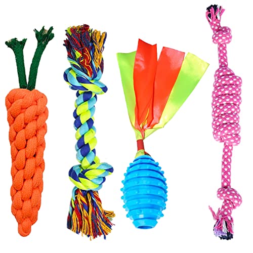 emily pets 4 Pieces Dog Toy, Rope Chew Set, Interactive Puppy Toy, Carrot Rope Toy 2 Knots Rope Toy Squeaky Toys for Teeth Cleaning, Suitable for Small and Medium Dogs(Multi Color, Pack of 4)