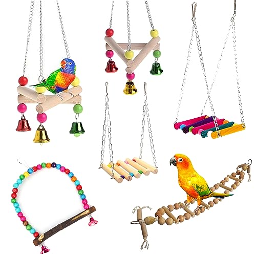 WildBird Care Natural Wood Bead Chain Swing Toy, Chew Toys with Hanging Cage Toys for Small Parakeets, Cockatiels, Conures, Finches, Budgie, Parrots, Love Birds (Pack of 6)