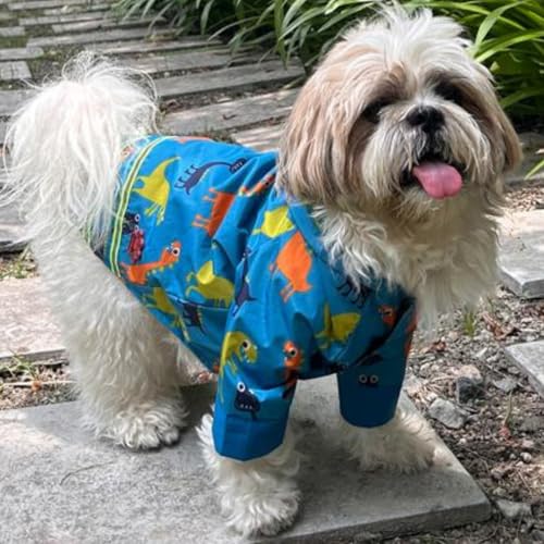 Lulala Dog Raincoat, Waterproof Hooded Jacket, Dinosaur Print, Reflective Stripes, Pet Rain Jacket, Small to Large Dogs (Blue-18 Inch)