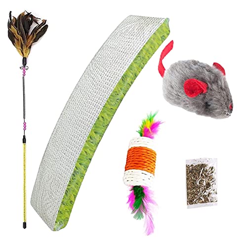 Emily Pets Cat Kitten Toys Combo- Cat Scratcher Card Board Cat Stick Toy, Cat Interactive Catnip Feather Toy Cat Plush Mouse Toy (Pack of 5,Color May Vary)