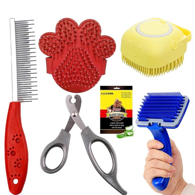 Cature Care by Nature 6pcs Pet Grooming Kit, Self-Cleaning Brush Shedding Kit with Nail Clipper, Pet Comb, Shampoo Bath Brush, Wipes Gloves For Dog and Cats (Pack of 6, Color me vary)