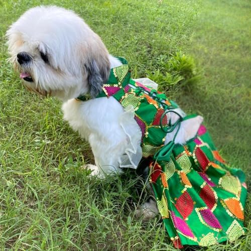 Lulala Ethnic Golden Dog Dress with Ruffled Sleeves – Festive Pleated Gown for Female Dogs – Adjustable Fit, Traditional Indian Outfit for Weddings & Celebrations (Green, 20 INCH)