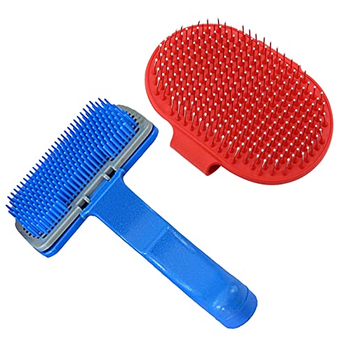 Emily Pets Dog Grooming Combo Set Dog Plastic Slicker Brush with Press Key for Puppies and Dogs Pet Bath Brush Durable Pet Shampoo Brush Easy to Clean Safe Pet (Pack 2 Multi Color)