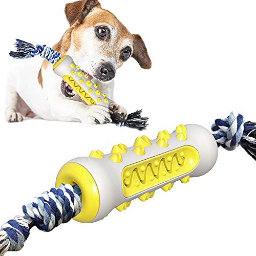emily pets Dog Toothbrush Toy with Rope Interactive Durable Rubber Puppy Chewing Toy Dog Tooth Care Brush Stick Bone for Small and Medium Dog (Yellow)