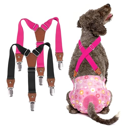 Pet Soft Dog Suspenders 2 Pieces Female Dog Diaper Suspenders For Dogs Diaper Keeper Suspender For Dog Skirt, Dog Dress (Black & Pink, S/Medium)