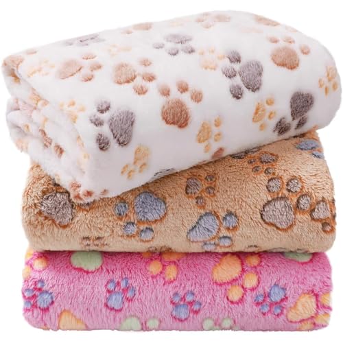 emily pets Super Soft Fleece Dog & Cat Blanket Pack of 3 | Warm Flannel Paw Print Pet Throw for Bed Sofa Car | Small & Large Dogs Puppies Kittens 23x16 in