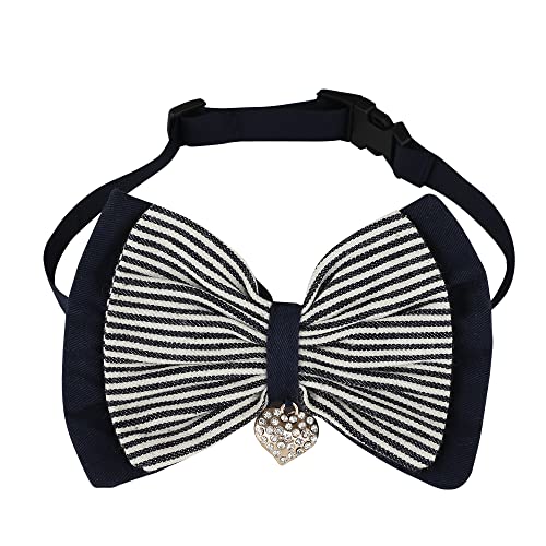 Lulala Dog Stripped Bow with inbuit Pendent Cat Classic Neck Tie Dog Tuxedo Bow Tie Stripped Collar with, Dog Costumes Bowties for Dogs Wedding Valentines Suit Groom(M,Navy Blue-White)