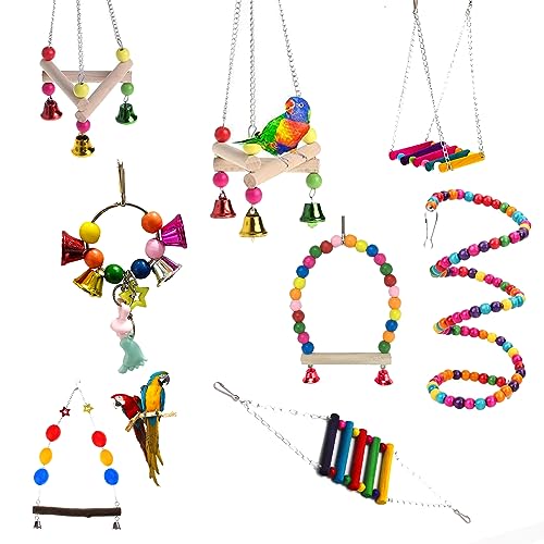 WildBird Care Natural Wood Bead Chain Swing Toy, Chew Toys with Hanging Cage Toys for Small Parakeets, Cockatiels, Conures, Finches, Budgie, Parrots, Love Birds (Pack 8)
