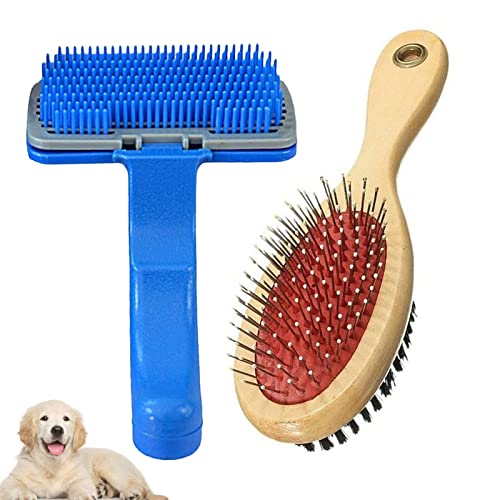 Emily Pets Dog Grooming Kit -Dog Plastic Slicker Brush with Press Key for Puppies and Dogs and Pet Double Sided Soft Wooden Pet Brush for Dog, Puppy, Cat, Rabbit(Pack 2, Multi Color)