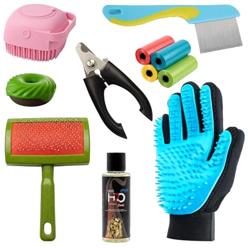 Emily Pets 8-in-1 Dog Grooming Kit For Dogs and Cats | Deshedding Brush, Flea Comb, Nail Cutter, Bath Brush, Massage Glove, Pet Shampoo, and Waste Bags | Complete Pet Care Set