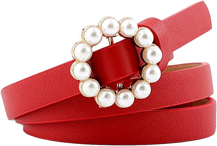 FDreaM Women Belt with Pearl Round Buckle – Stylish Leather Waist Belt for Dresses, Jeans, Casual (Red, 26 Inch)